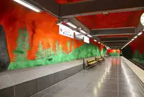Stockholm ist ber�hmt f�r seine kunstvoll gestalteten U-Bahn-Stationen. Auf dem Bild ist der U-Bahnhof Solang Centrum zu sehen. Aufnahme: 28. Juli 2017.