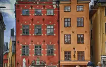 Giebelh�user am Stortorget (Gro�er Markt) in der Altstadt �Gala Stan� in Stockholm. Aufnahme: 25. Juli 2017.