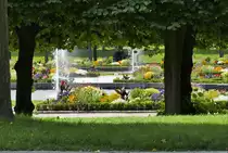 Park beim Schlo� Augustusburg in Br�hl, Blick durch`s  Unterholz  auf die Blumenbeete - 07.08.2017