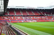 Die Westtrib�ne des Fu�ballstadions Old Trafford in Manchester. Die Sitzpl�tze der Westtrib�ne sind so bemalt, dass sie ihren Spitznamen wiedergeben. Aufnahme: 11. M�rz 2018.