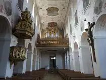 Kloster Plankstetten, Orgelempore in der Klosterkirche, erbaut 1981 von der Orgelbaufirma Mathis  im barocken Prunkgeh�use von Abt Maurus Xaverius Herbst (26.03.2017)