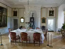 Auning, Speisesaal im Schloss Gammel Estrup, Parkettboden von 1740 (07.06.2018)