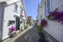 Haugvaldstads Gate in der Stavanger Altstadt (�Gamle Stavanger�) in Norwegen. Aufnahme: 3. Juli 2018.