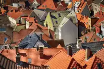 Norwegen - Blick �ber die Ziegeld�cher in bergen vom Aussichtspunkt Skansen. Aufnahme: 11. Juli 2018.