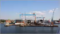 Kiel. Im Stadtteil Gaarden liegen die Werften German Naval Yards und ThyssenKrupp Marine Systems in unmittelbarer Nachbarschaft. 17.07.2018