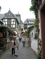 Der Inbegriff deutscher Weinseeligkeit: die Drosselgasse in R�desheim. Hier mal ungew�hnlich Japaner-frei. Mai 2006.