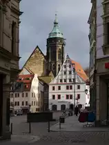 Blick von der Schuhgasse �ber den Markt zur Stadtkirche St. Marien und dem Canaletto-Haus; Pirna, 18.01.2019

