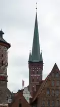 Der Turm der Petrikirche, gesehen Anfang April 2019 in der Hansestadt L�beck.
