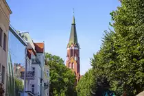 Zoppot / Sopot. Der Turm der Katholischen Garnisonskirche St. Georg (Kości�ł garnizonowy św. Jerzego). Aufnahme: 14. August 2019.