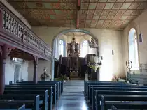 Obereisenheim, Innenraum der Ev. Pfarrkirche, Taufstein von 1523, barocke Ausstattung von 1750, Kanzel von Johann Michael Beckert, Holzkassettendecke mit 365 Felder (25.07.2017)