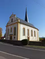 Alsleben, kath. Pfarrkirche St. Kilian, Saalkirche mit eingezogenem Chor und Turm einer ehemaligen Chorturmkirche, erbaut von 1730 bis 1737 durch Michael M�ller (15.10.2018)