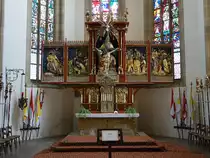 Bad K�nigshofen, Fl�gelaltar in der Maria Himmelfahrt Kirche, gestaltet von 1935 bis 1939 durch die K�nstlern Buscher, Weckbecker und Kohnsperger (15.10.2018)