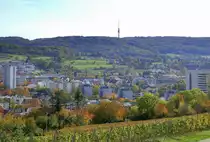L�rrach, Blick von den Weinbergen am T�llinger Berg �ber die Ha�ser von L�rrach-Stetten zum Fernsehturm Basel-St.Chrischona, Okt.2020