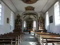 Bad Waldsee, Innenraum der Frauenbergkapelle, Deckenfresken von Eustachius Gabriel, Hochaltar von Hans Z�rn (28.03.2021)