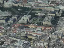 Zentral im Bild der Maria-Theresien-Platz mit dem Naturhistorischen und Kunsthistorischen Museum, dar�ber der Heldenplatz und die Hofburg, darunter relativ markant der Flakturm Stiftskaserne, ein �berbleibsel der Nazizeit. (Wien, August 2013)