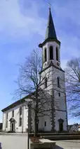 V�rstetten, die evangelische Kirche von 1803, nach Pl�nen von Friedrich Weinbrenner, der 47m hohe Turm stammt von 1860, Feb.2020