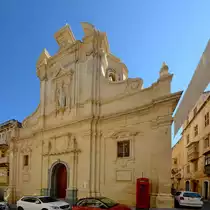 Die barocke Kirche des Heiligen Nikolaus (Il-Knisja ta' San Nikola) wurde 1652 in Valletta erbaut. (Oktober 2017)